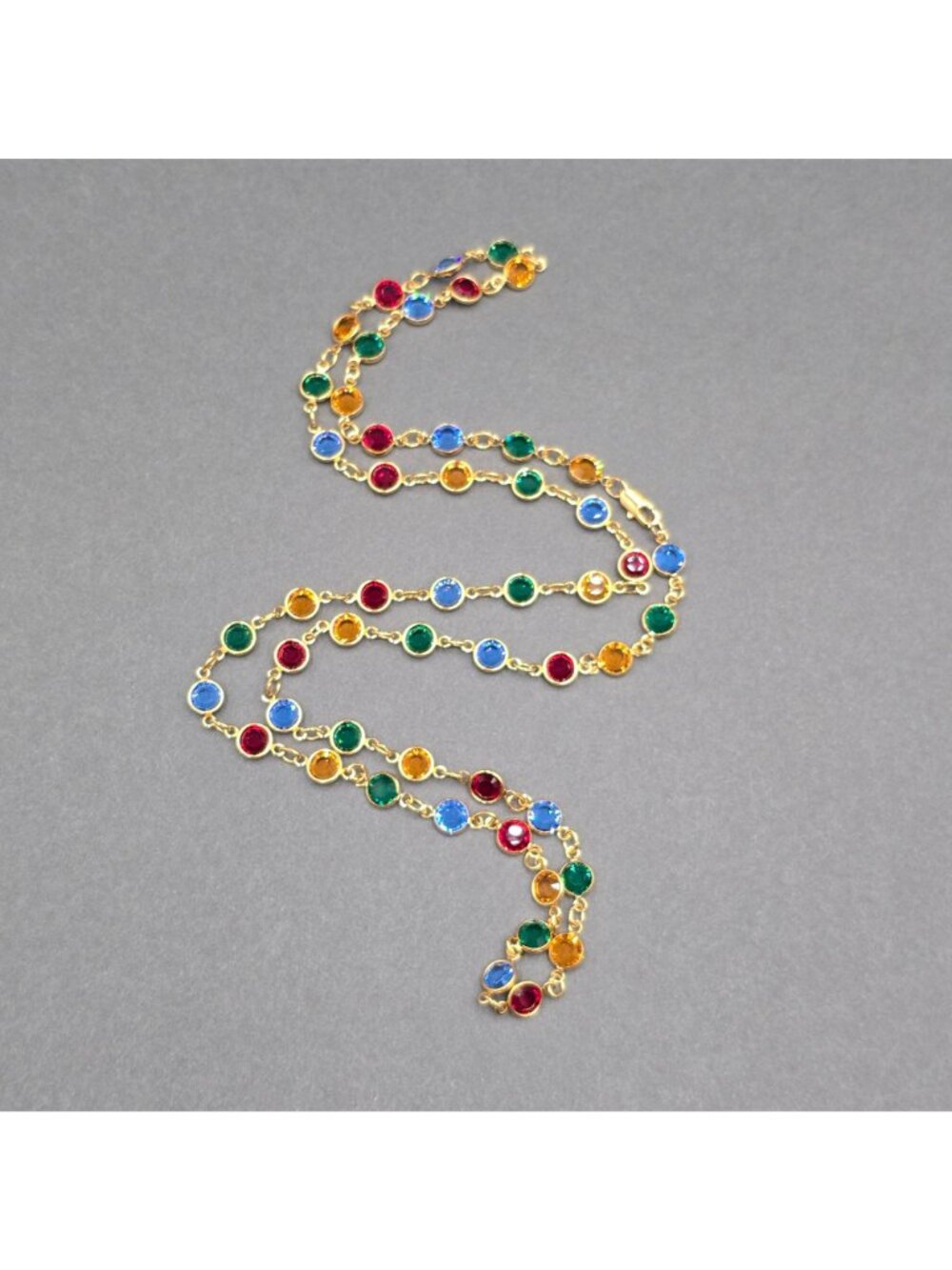 Gold Plated Multi Color Crystal Station Necklace 28" Bezel Glass Disk - Picture 3 of 8